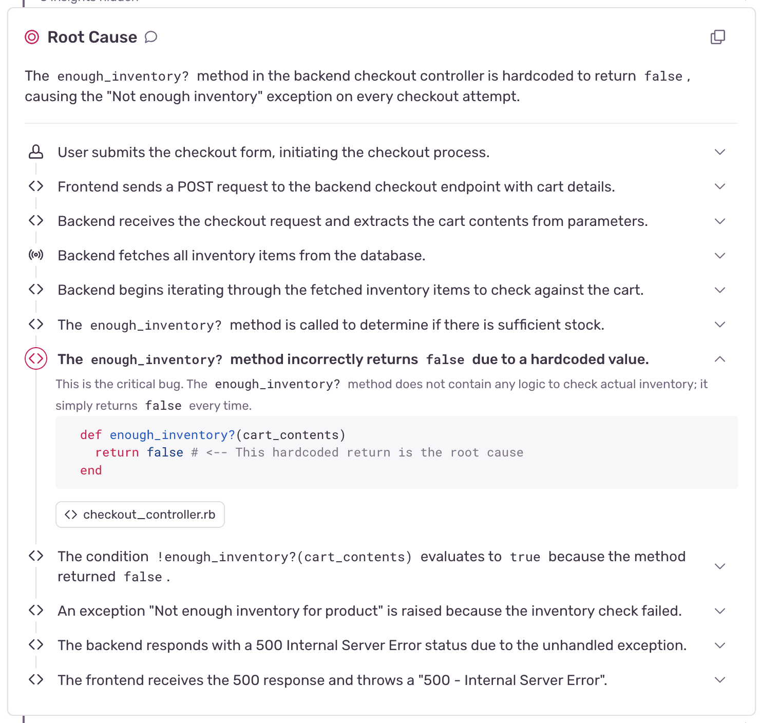 Screenshot of the root cause analysis completed by Seer